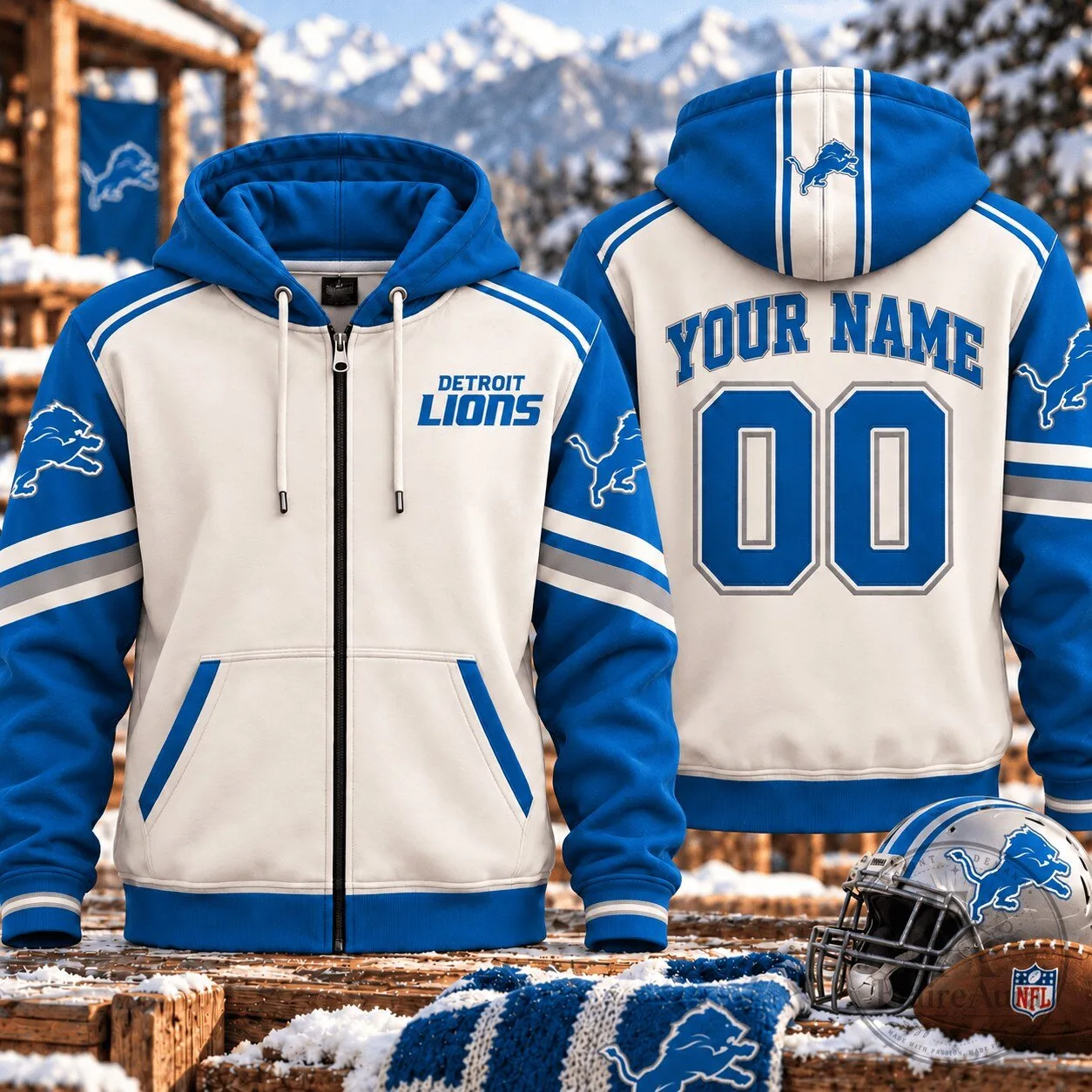 Detroit Lions NFL Football Team Custom Name and Number Full-Zip Hoodie
