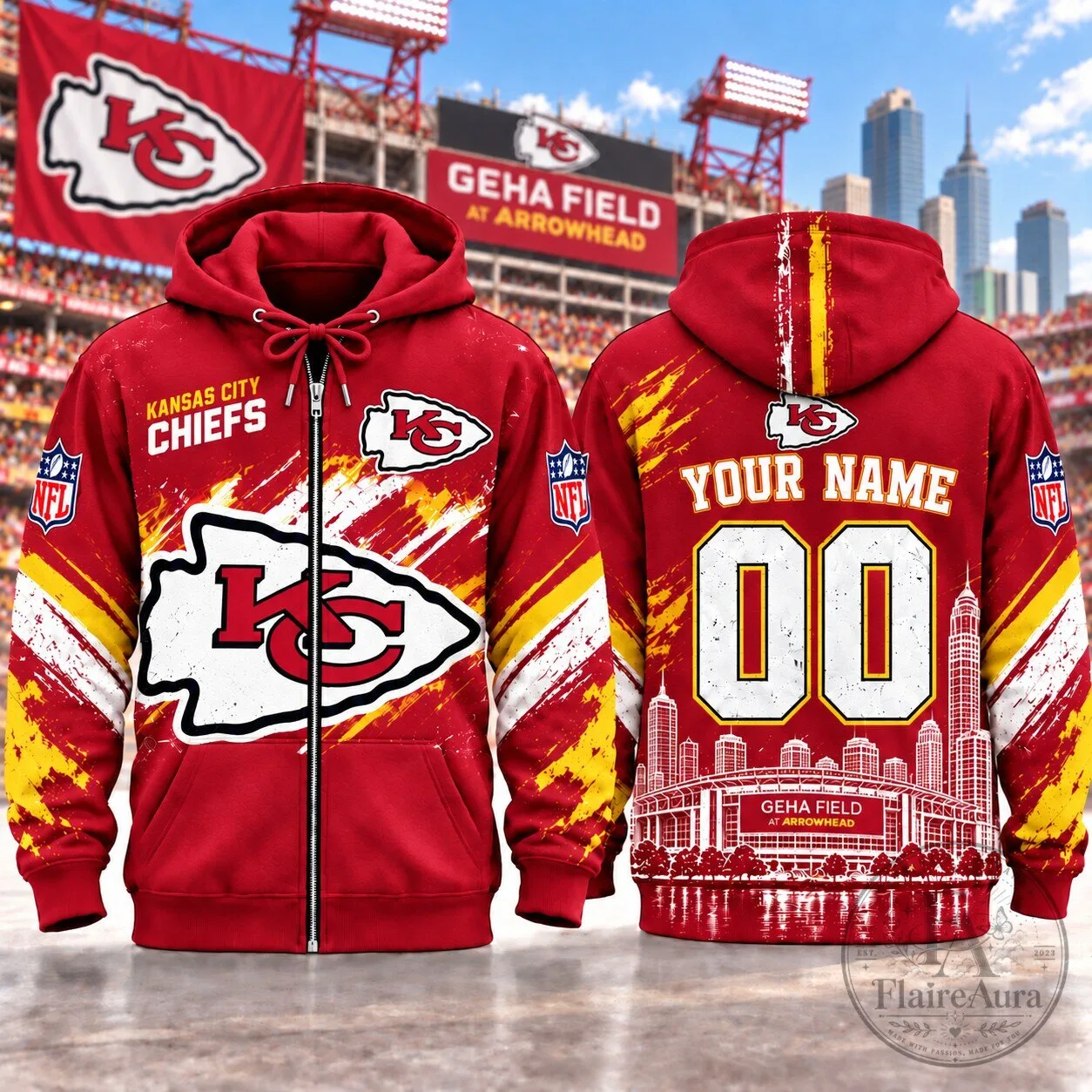 Kansas City Chiefs Custom Name and Number Full-Zip Hoodie