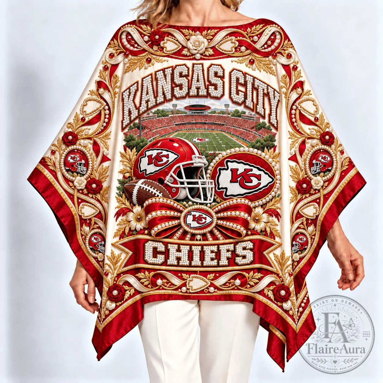 Kansas City Chiefs Football Stadium Elegant Pearl Red and Gold Poncho