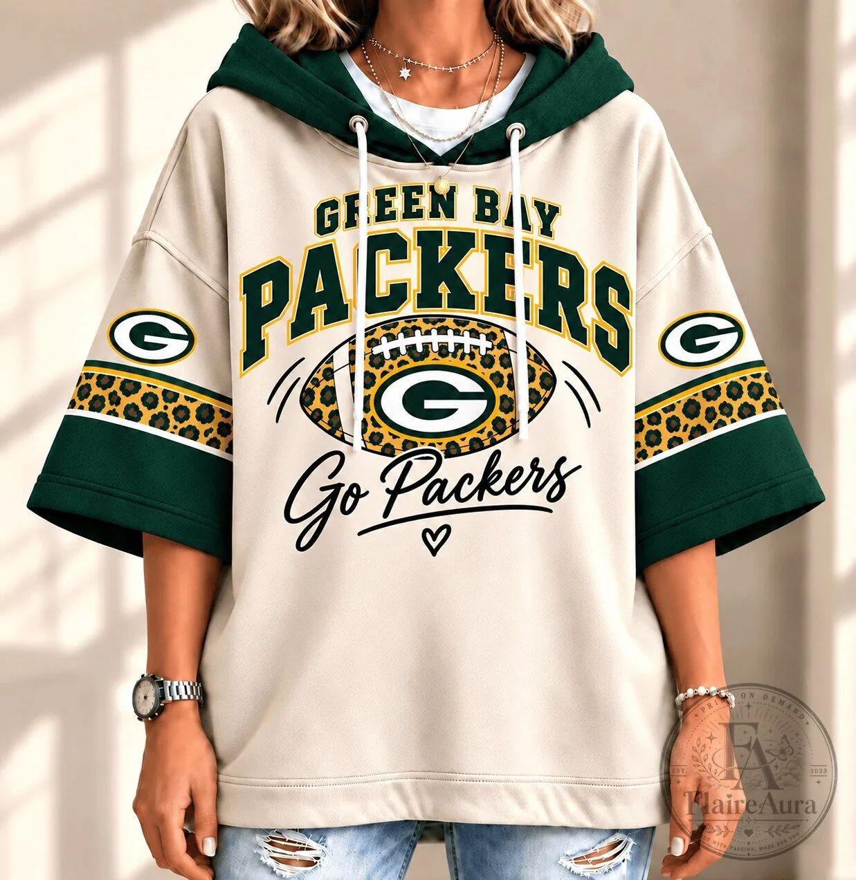 Green Bay Packers Leopard Print Football Team Oversized Hoodie