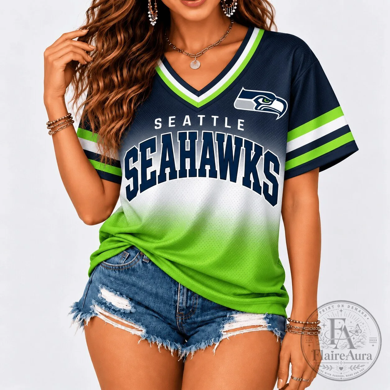 Seattle Seahawks Football Team Gradient Retro Varsity V-Neck Game Day Jersey