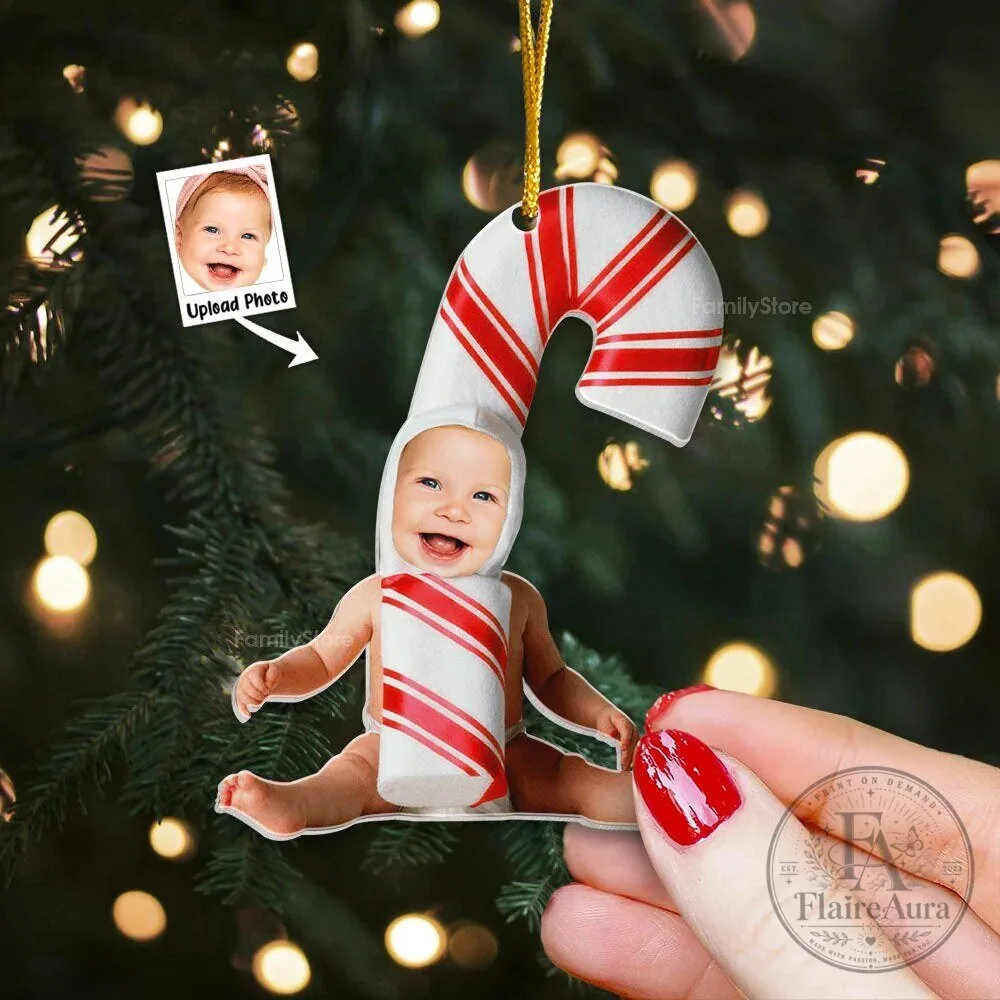 Personalized Baby Photo Candy Cane Christmas Tree Ornament