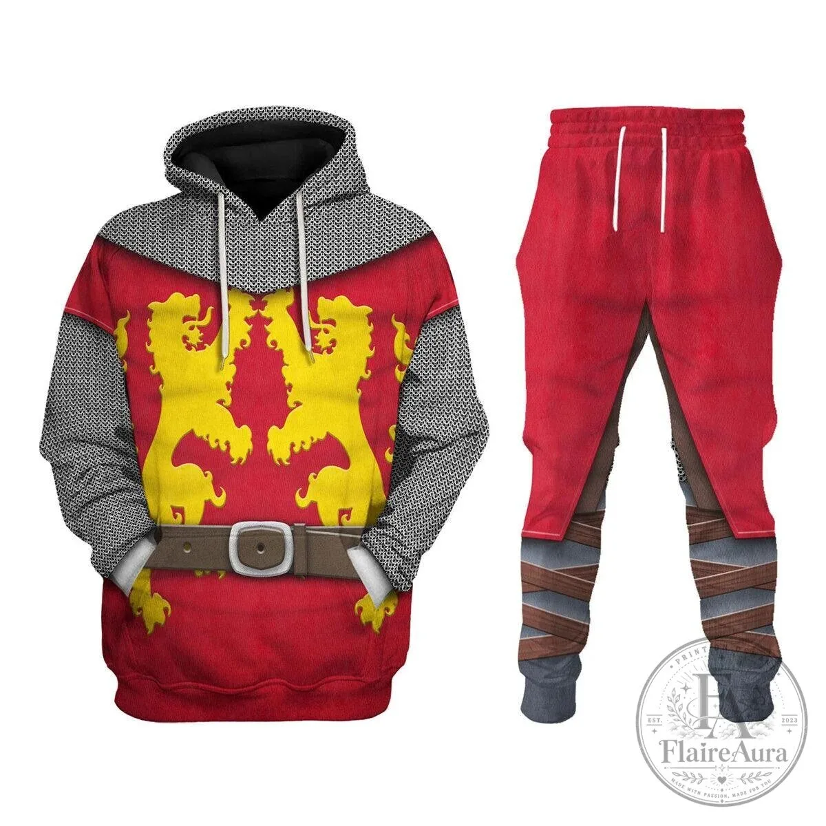 Medieval English Knight Costume Lion Crest Hoodie Sweatshirt and Jogger Pants Set
