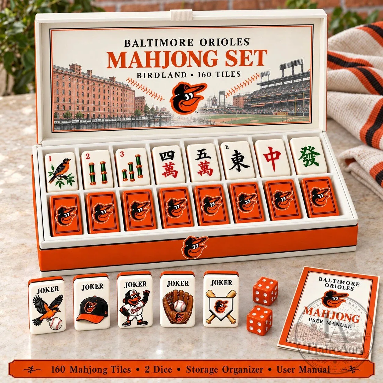 Baltimore Orioles Mahjong Game Set with 160 Tiles, Dice, and Storage Organizer
