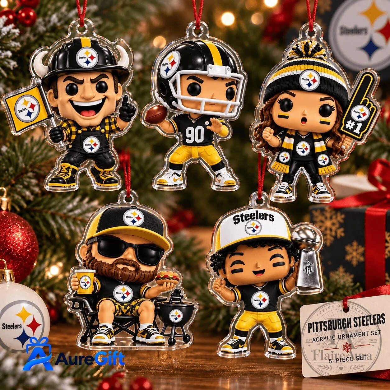 Pittsburgh Steelers NFL Christmas Kickoff Personalized 5 Piece Acrylic Ornament Set