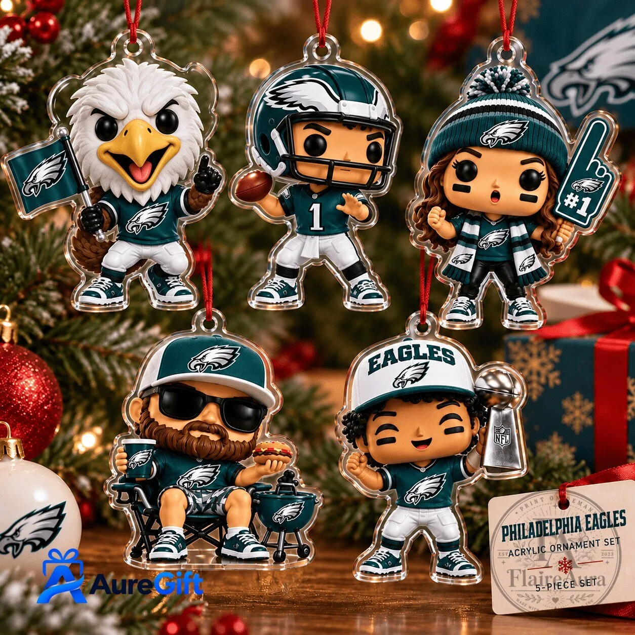 Philadelphia Eagles NFL Christmas Kickoff Acrylic Ornament Set of Five