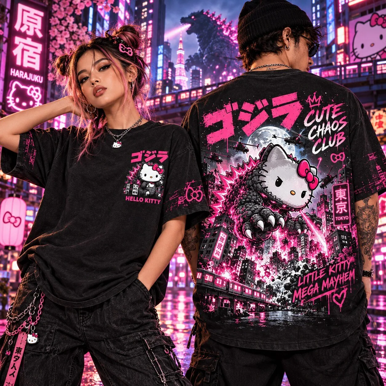 Hello Kitty Godzilla Cute Chaos Club Little Kitty Mega Mayhem Graphic T-Shirt