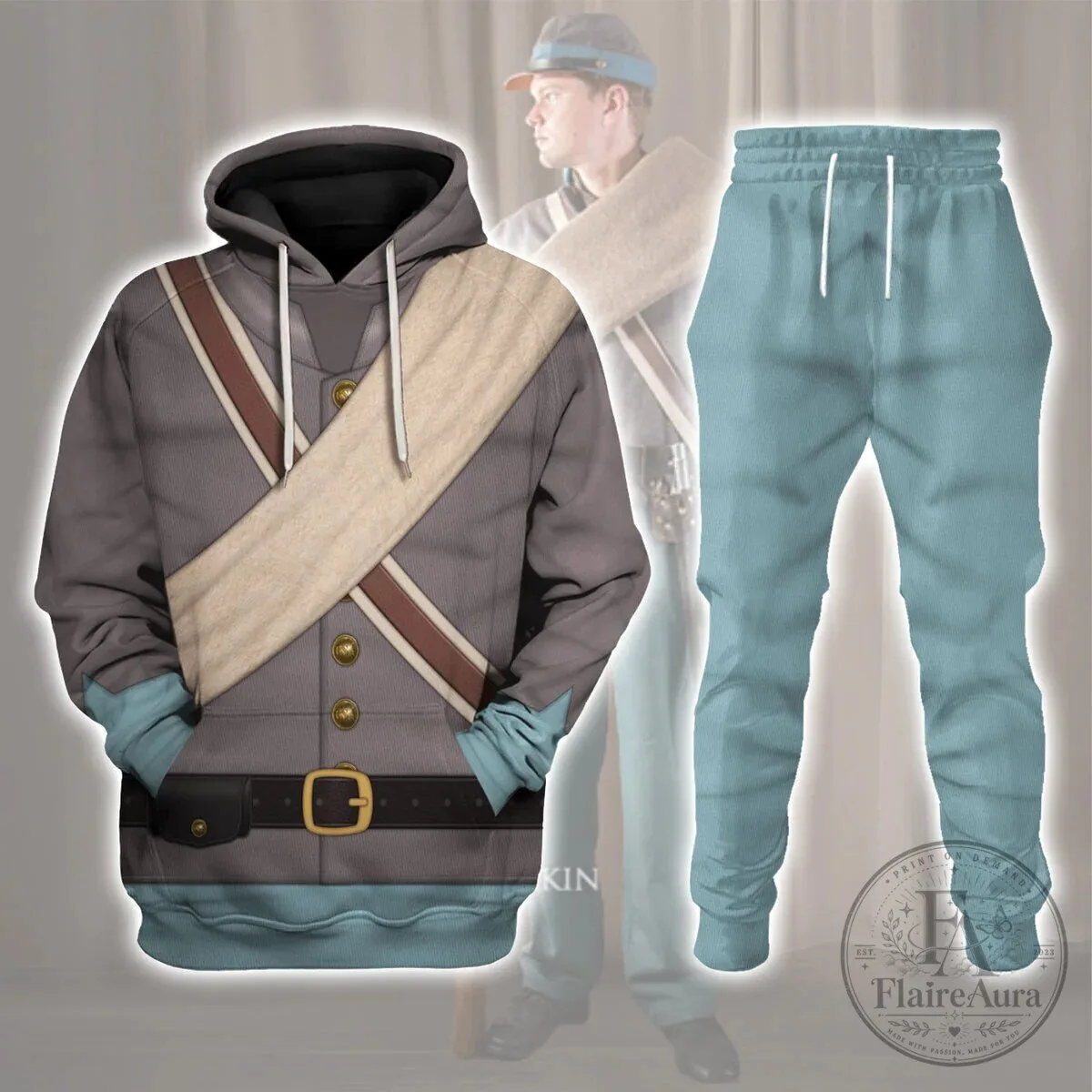 Confederate Army Infantry Soldier Uniform Historical Cosplay Costume Hoodie Set