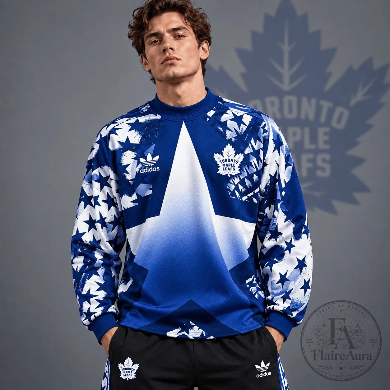 Toronto Maple Leafs Adidas Starburst All Over Print Crewneck Sweatshirt