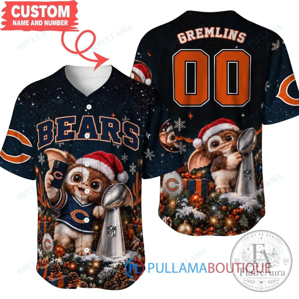 Chicago Bears Gremlins Christmas Super Bowl Champions Baseball Jersey Chicago Bears Gremlins Christmas Super Bowl Champions Baseball Jersey
