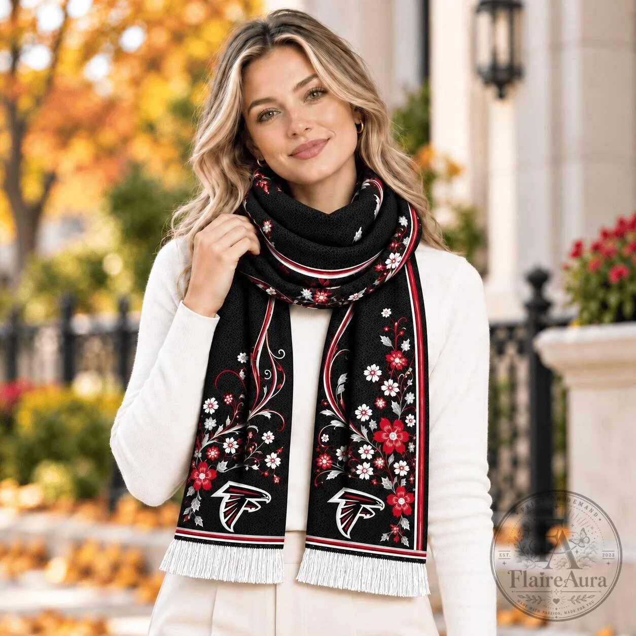 Atlanta Falcons Floral Pattern Black and Red Scarf with Fringe