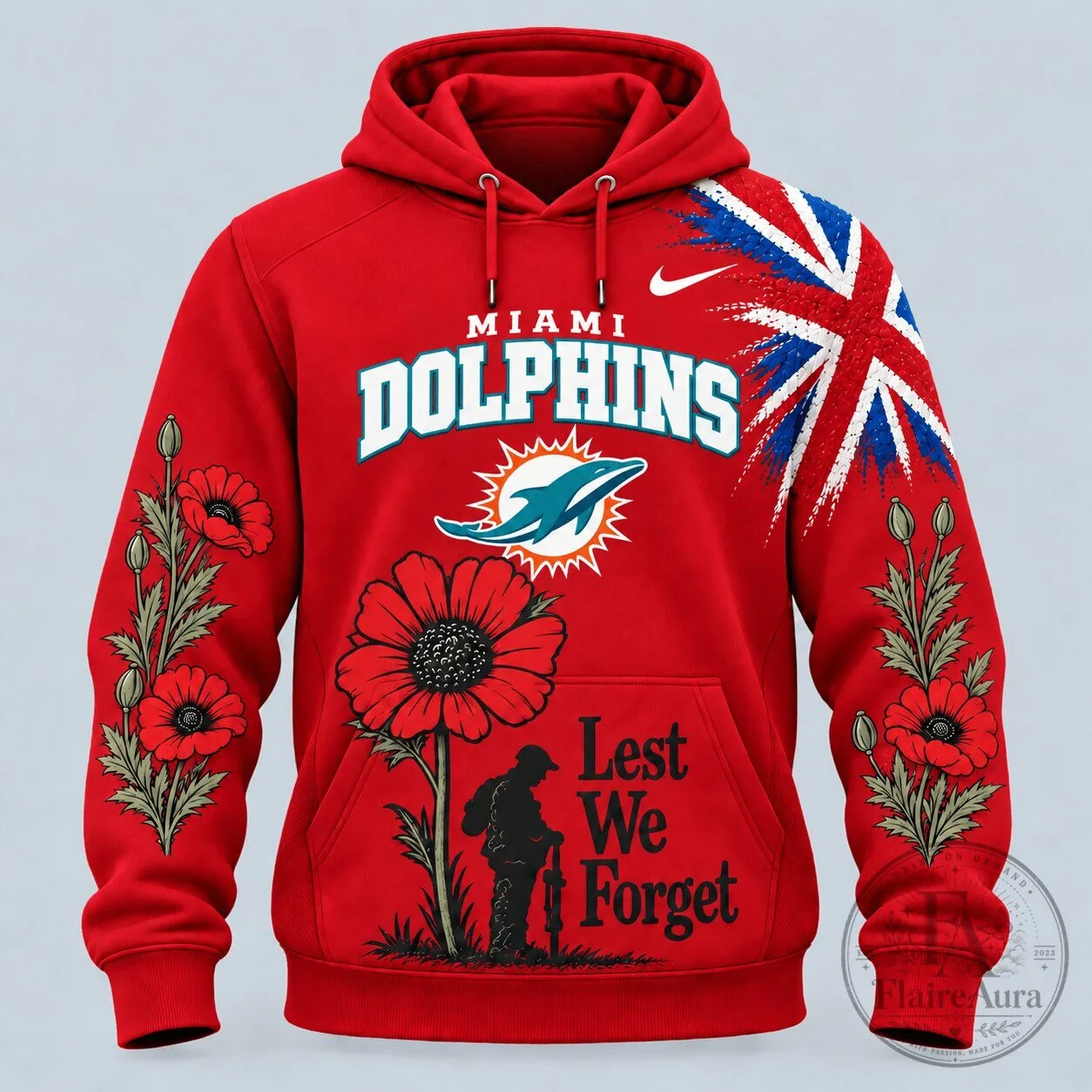 Miami Dolphins Lest We Forget Poppy Flower Red Hoodie