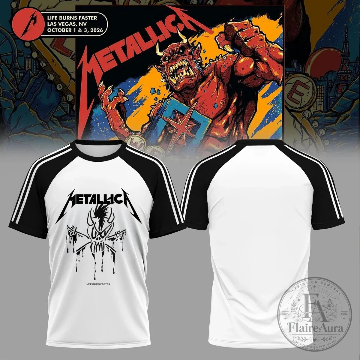 Las Vegas M72 World Tour Black and White T-Shirt by Metallica - Life Burns Faster Design