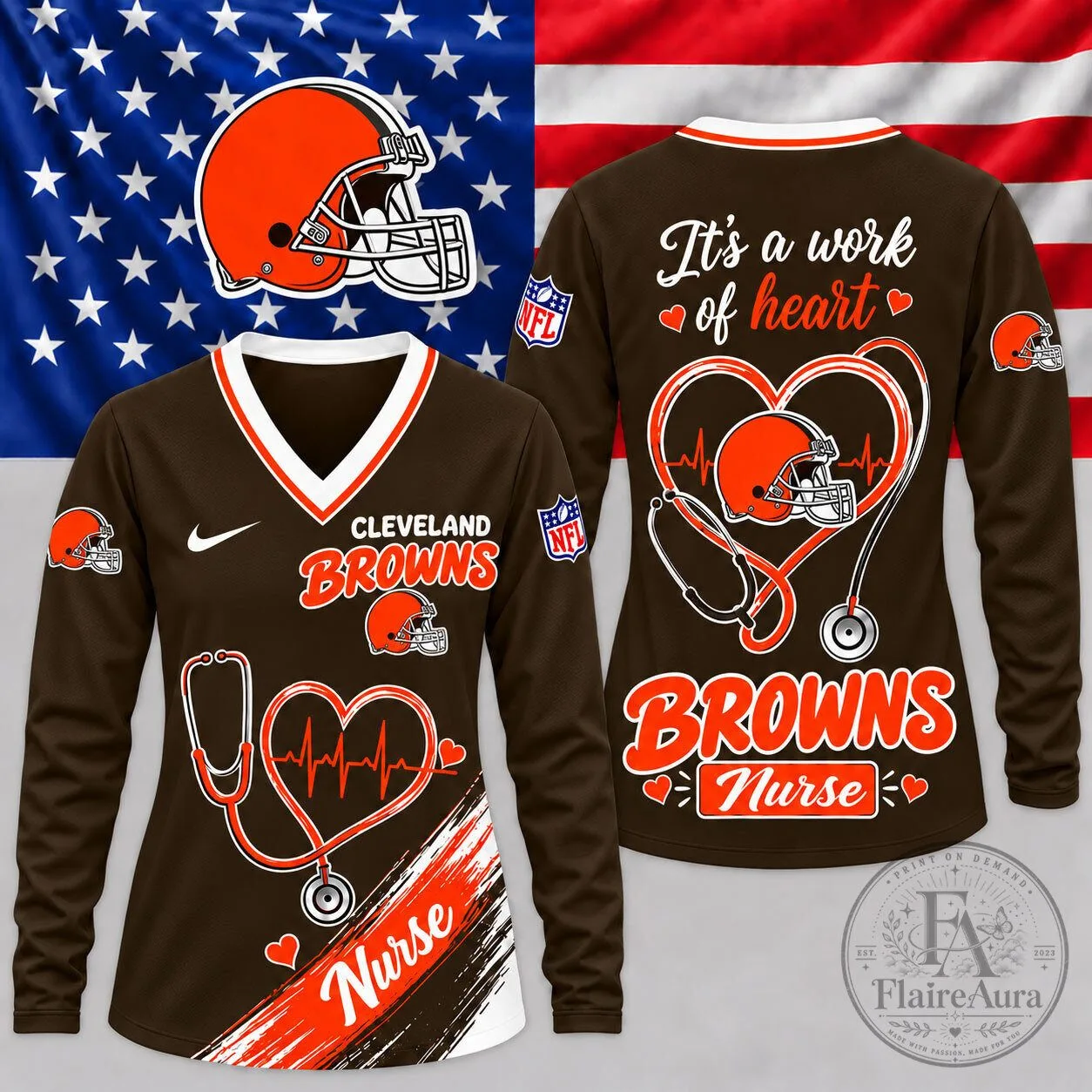 Cleveland Browns Nurse Heartbeat Pride V-Neck Long Sleeve Shirt