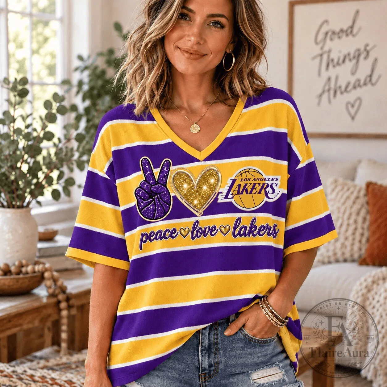 Los Angeles Lakers Peace Love Lakers Gold Striped V-Neck T-Shirt