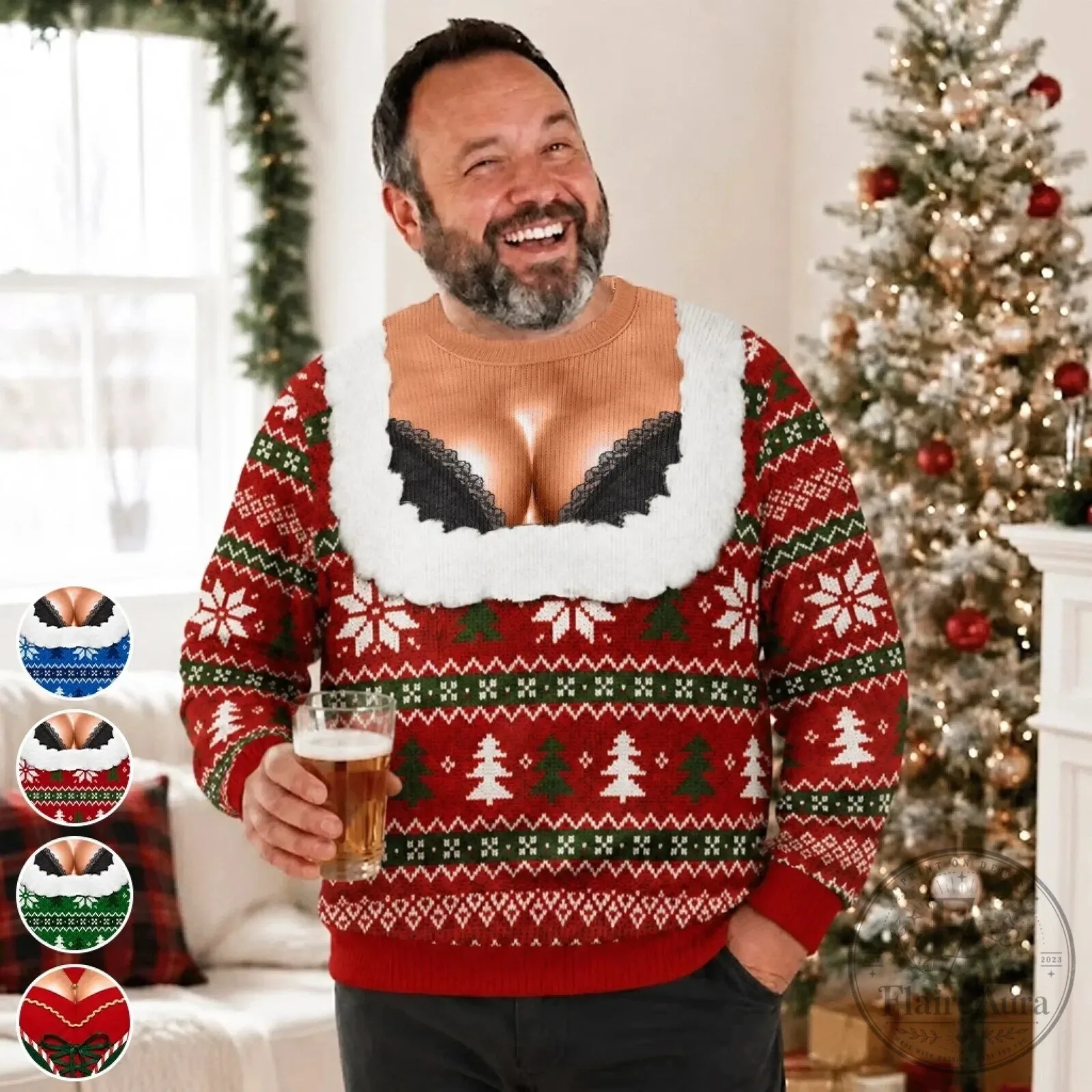 Funny Christmas Ugly Sweater with Bra Design for Holiday Party