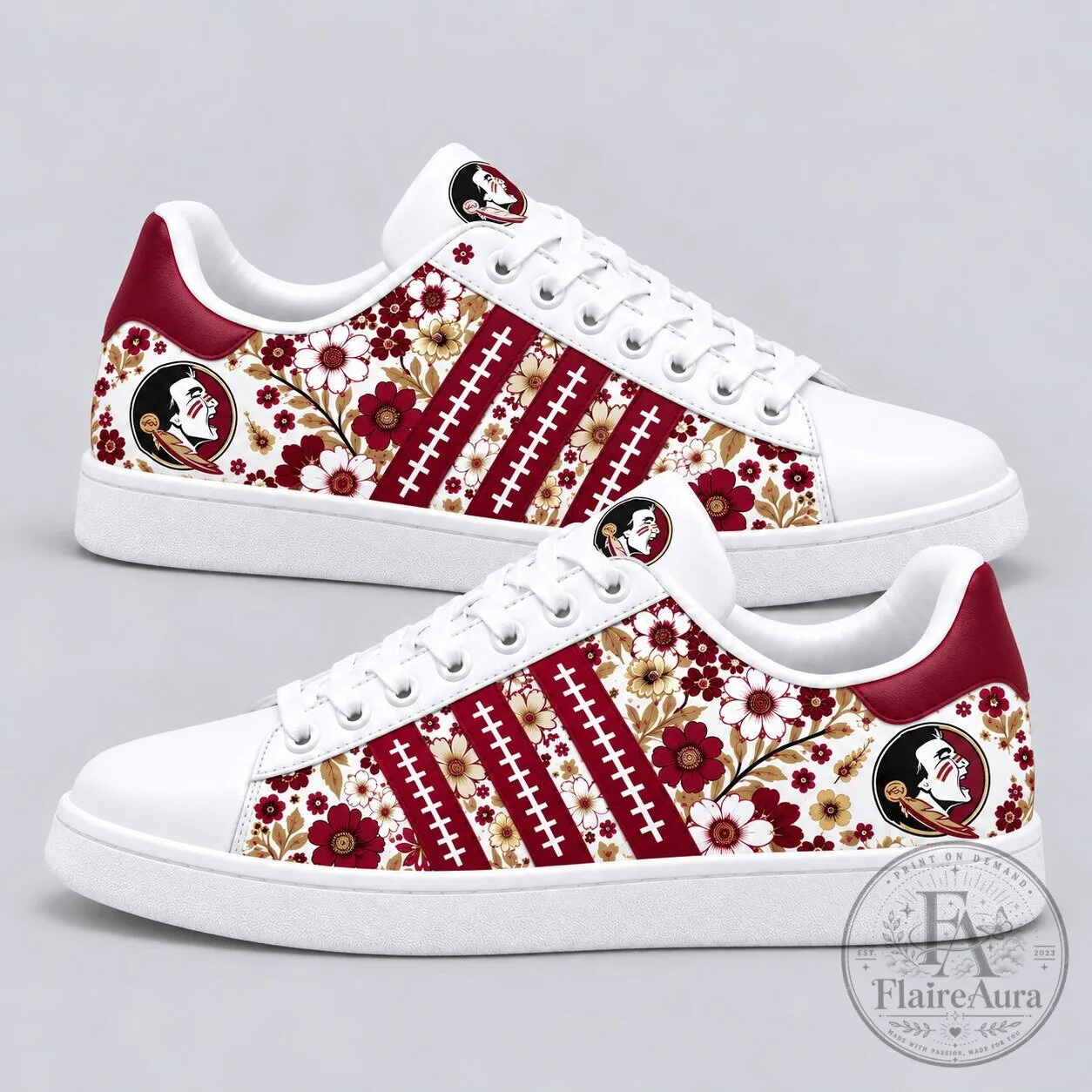 Florida State Seminoles Floral Pattern White and Maroon Sneakers