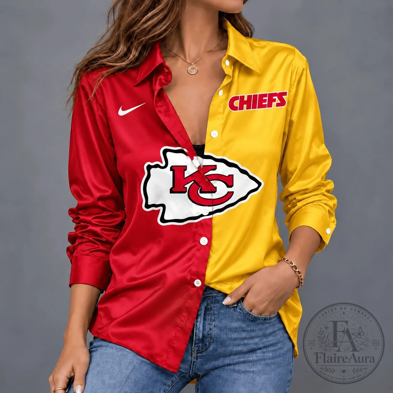 Kansas City Chiefs NFL Team Spirit Red Gold Satin Long-Sleeve Button Shirt