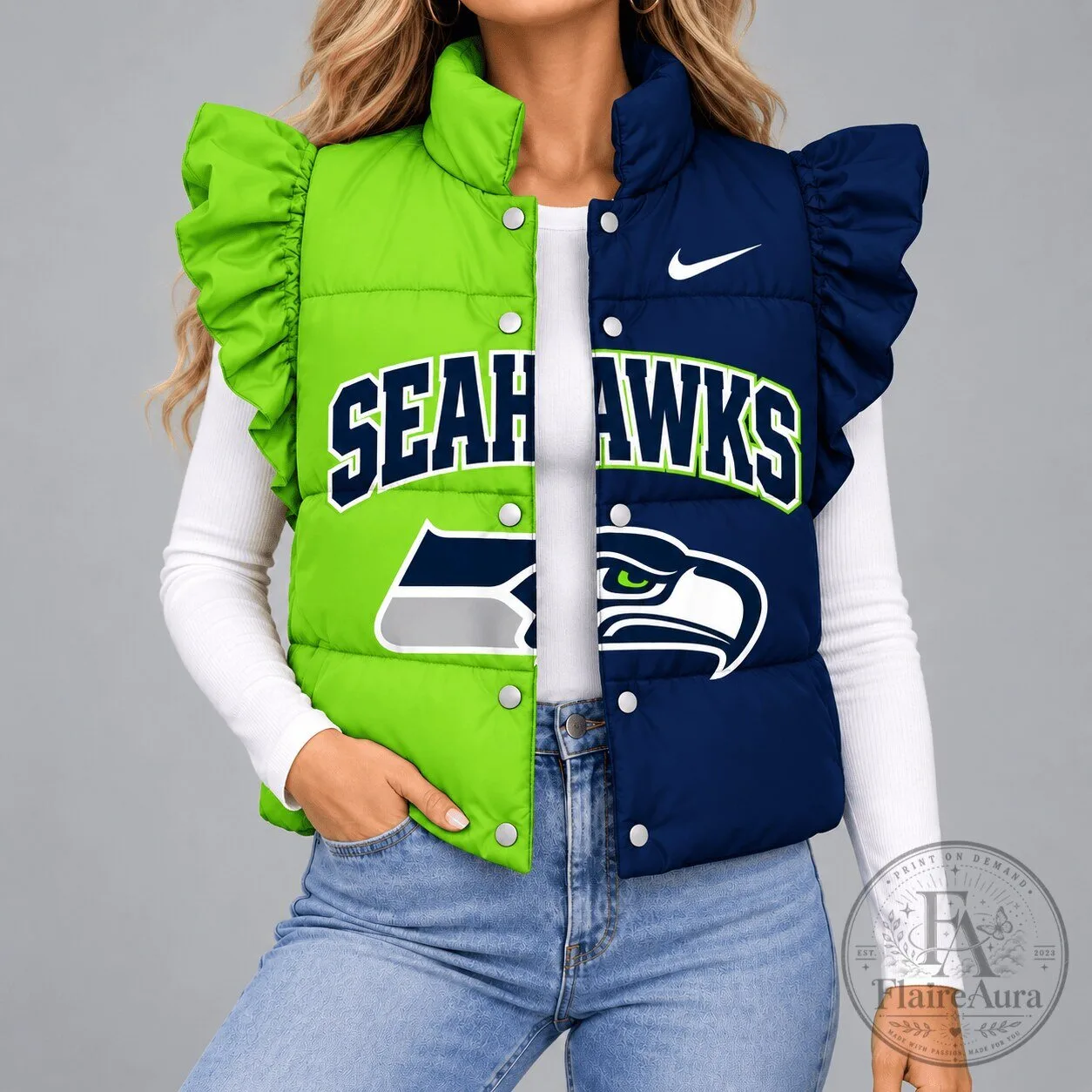 Seattle Seahawks Split Color Ruffled Sleeveless Puffer Vest Jacket