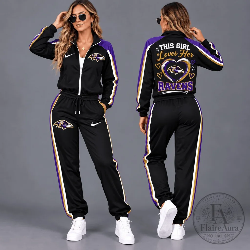 Baltimore Ravens Women's Black and Purple Tracksuit with "This Girl Loves Her Ravens" Text 1 Baltimore Ravens Women's Black and Purple Tracksuit with "This Girl Loves Her Ravens" Text