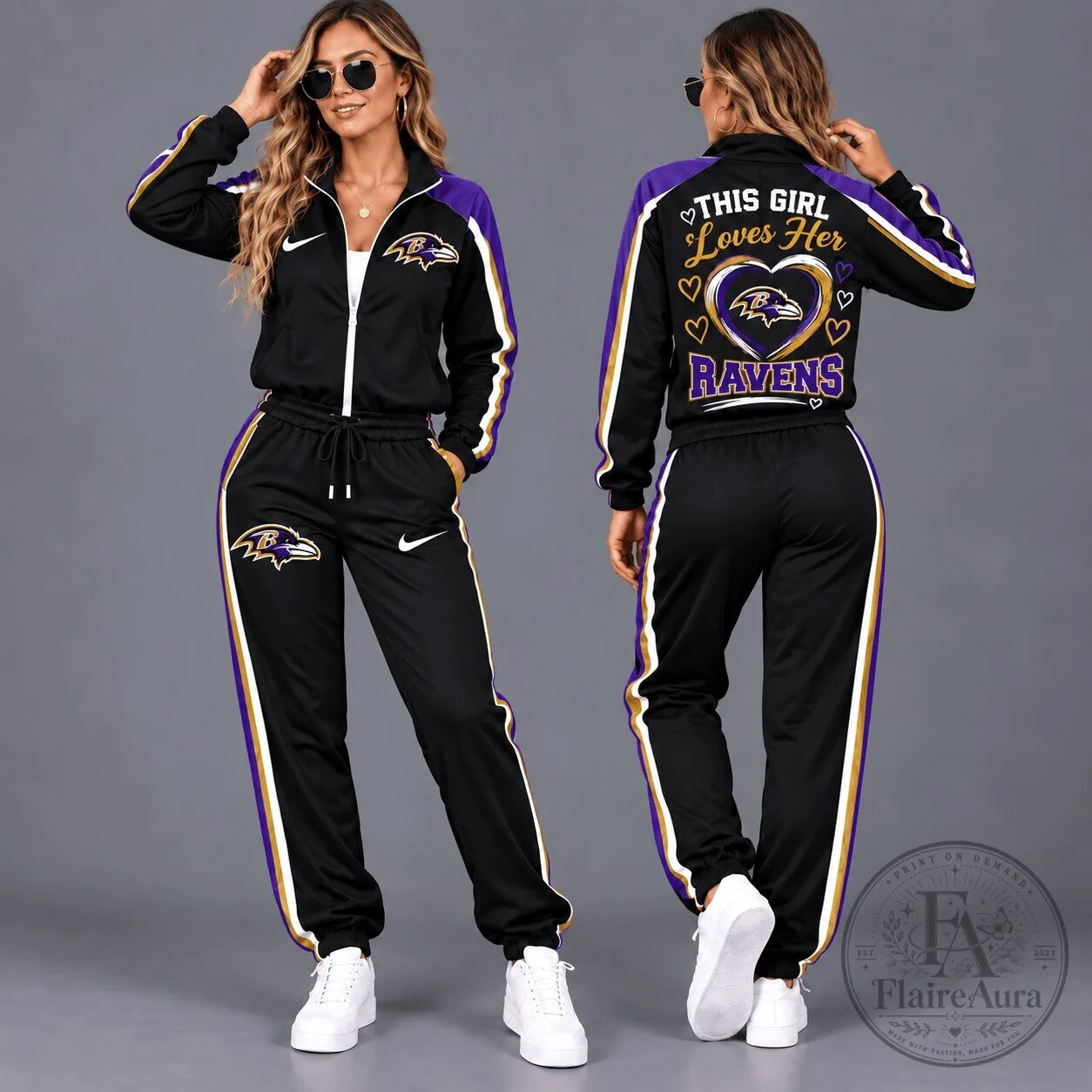 Baltimore Ravens Women's Black and Purple Tracksuit with "This Girl Loves Her Ravens" Text