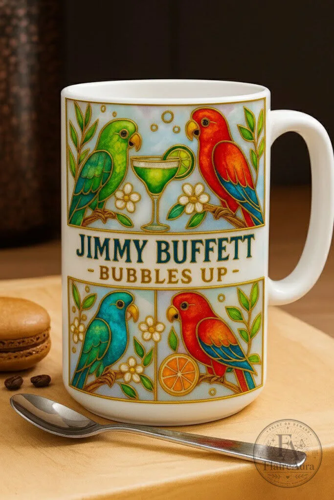 Jimmy Buffett Bubbles Up Parrots Margaritaville Tropical Ceramic Mug
