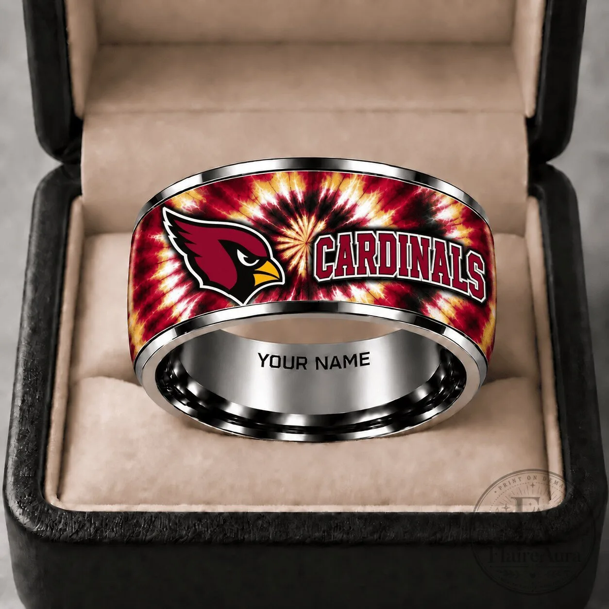 Arizona Cardinals Tie-Dye Stainless Steel Engraved Ring