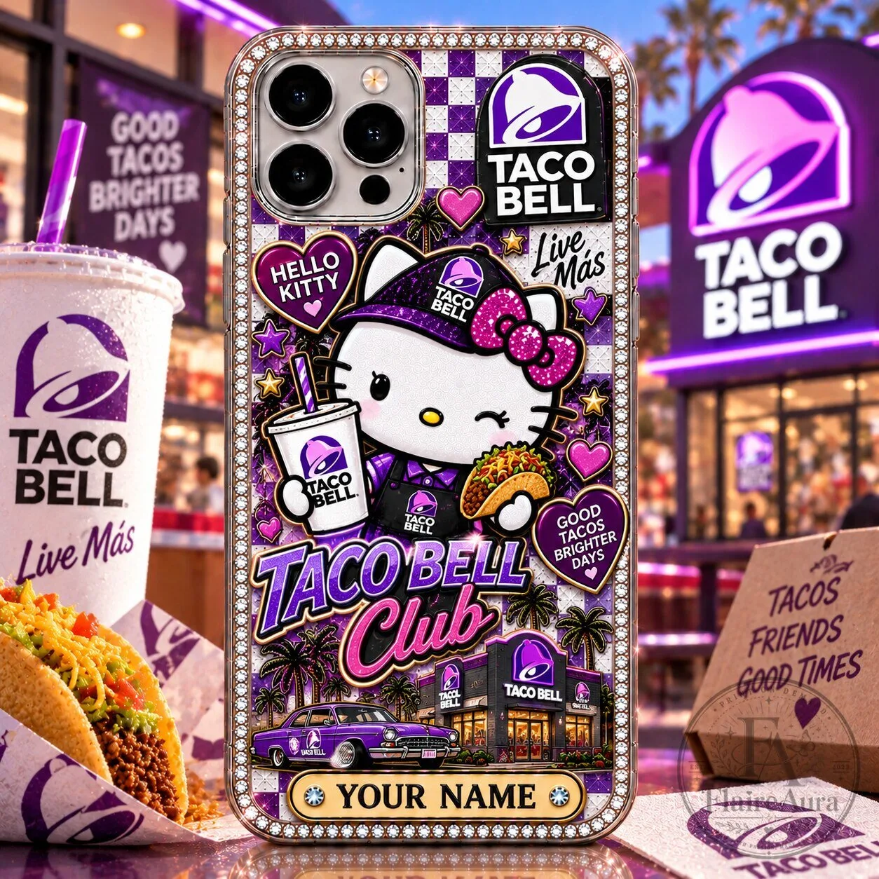Hello Kitty and Taco Bell Club Custom Name Purple Phone Case for Apple iPhone