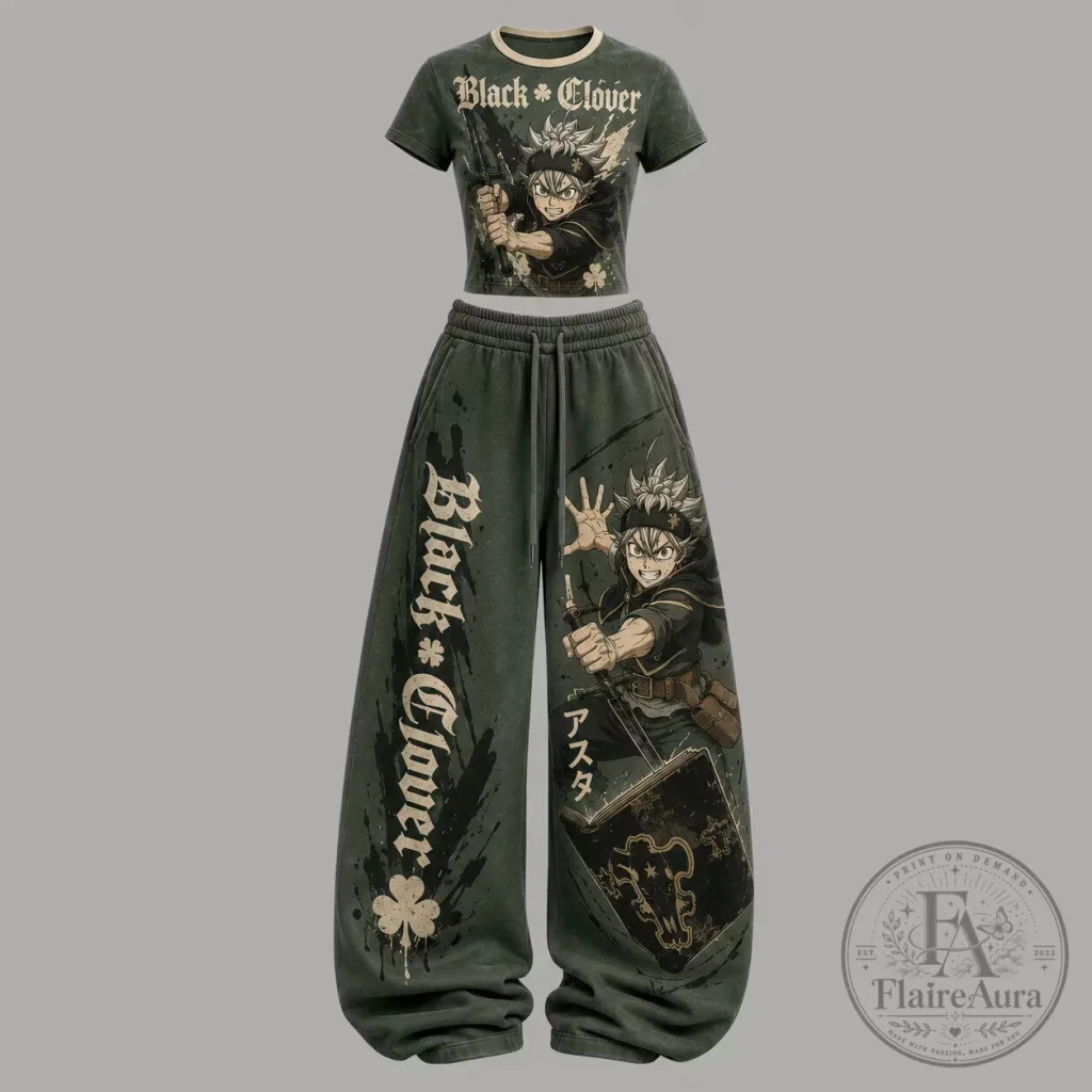 Black Clover Asta Anime Character Crop Top and Baggy Pants Set