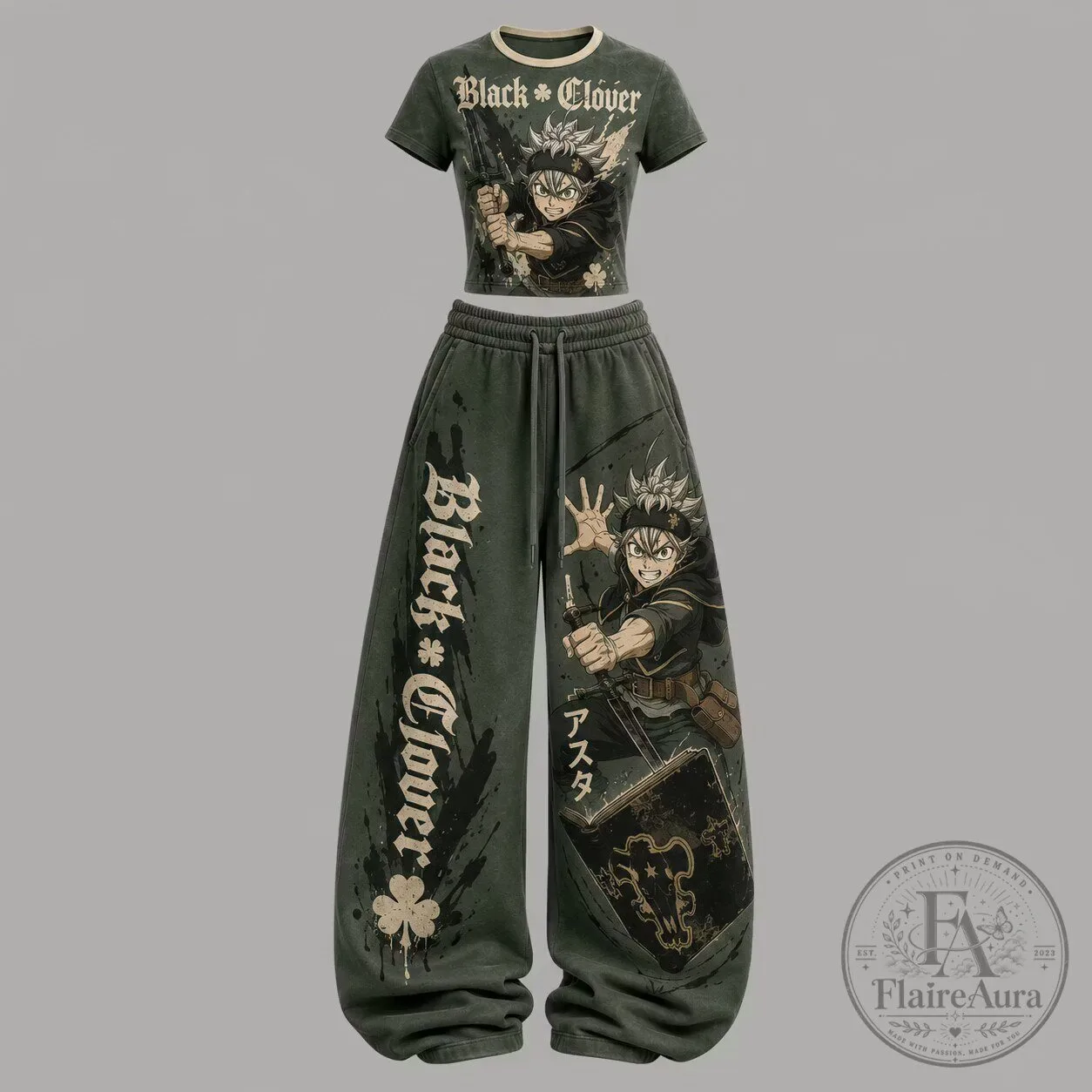 Black Clover Asta Anime Character Crop Top and Baggy Pants Set
