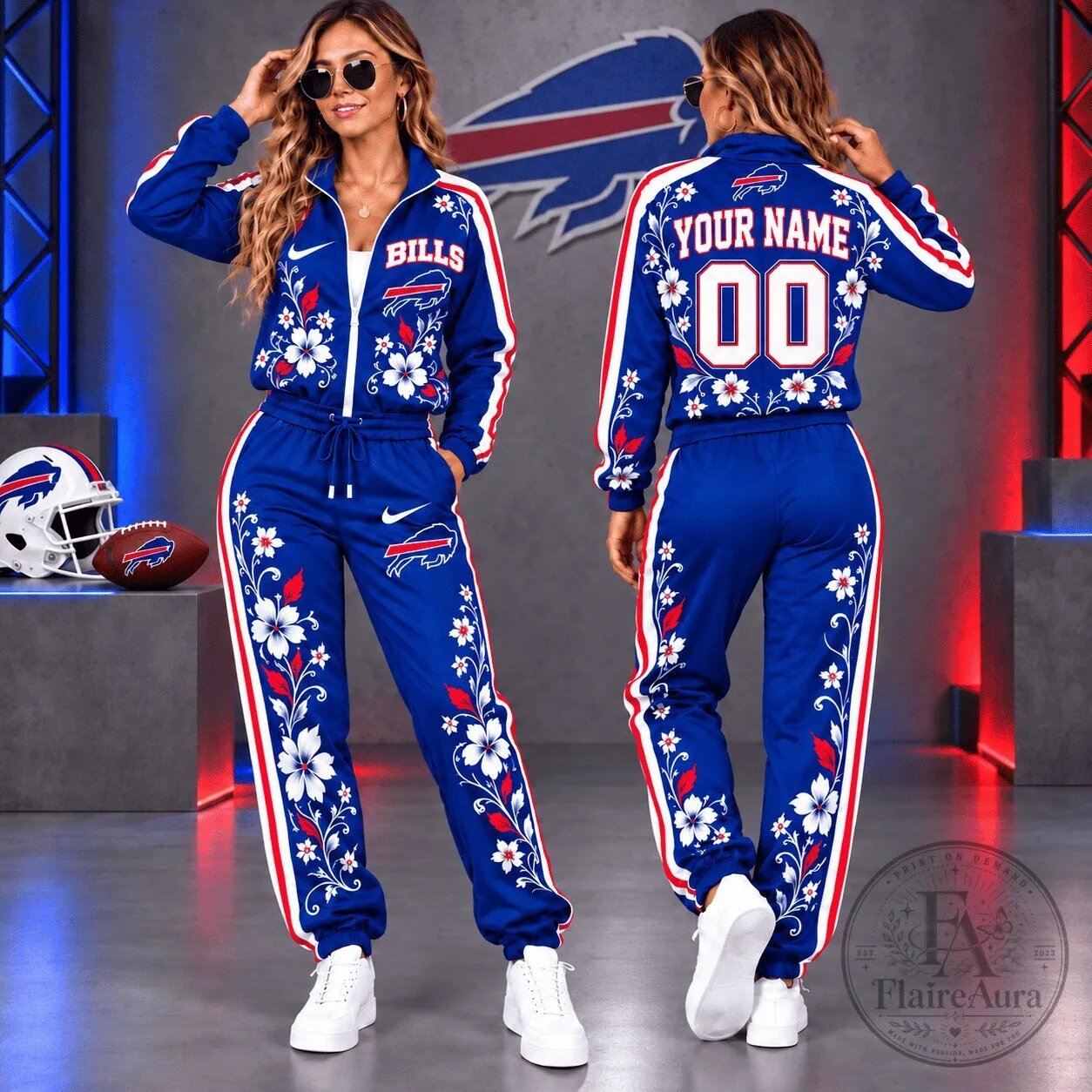 Buffalo Bills Floral Custom Name and Number Royal Blue Tracksuit Jacket and Pants