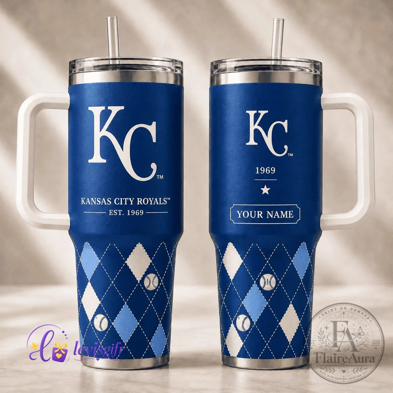 Kansas City Royals Baseball Team Personalized Blue Argyle Pattern Tumbler