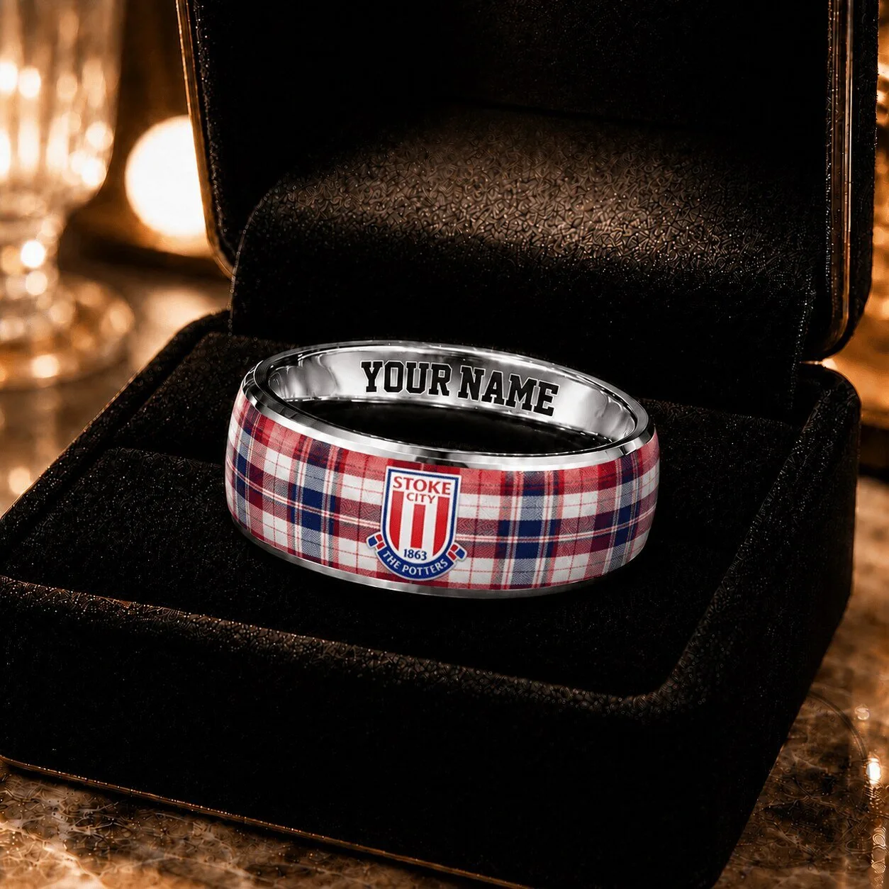 Stoke City Football Club Plaid Pattern Personalized Name Ring