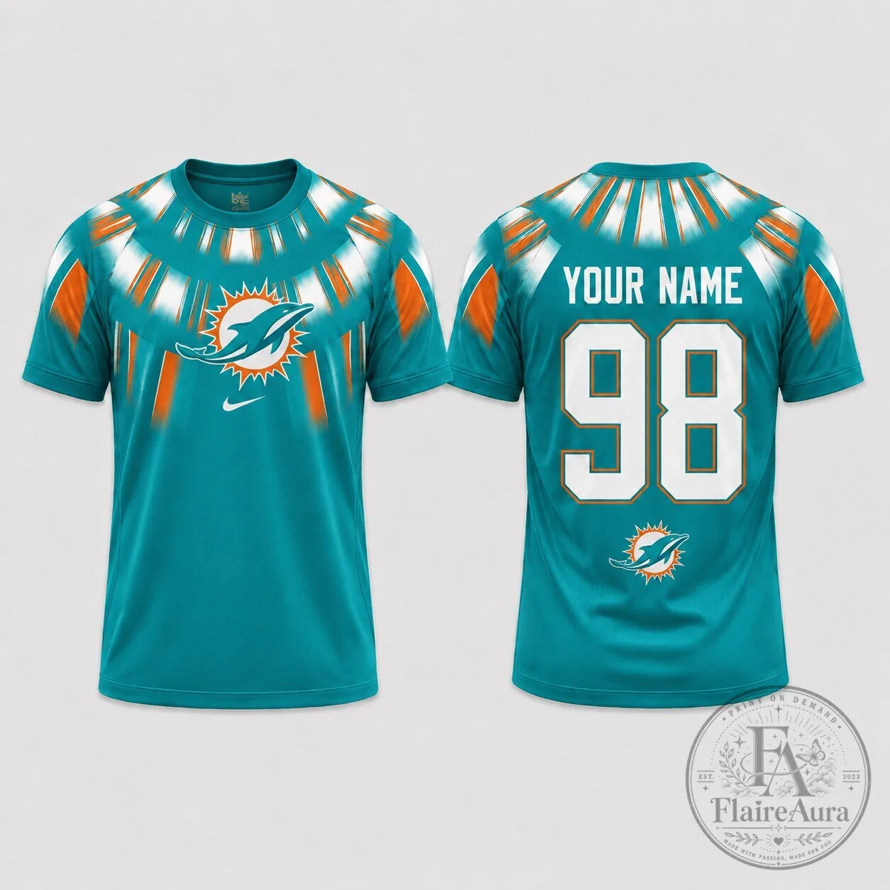Miami Dolphins Custom Name and Number Aqua Tie-Dye NFL Football T-Shirt