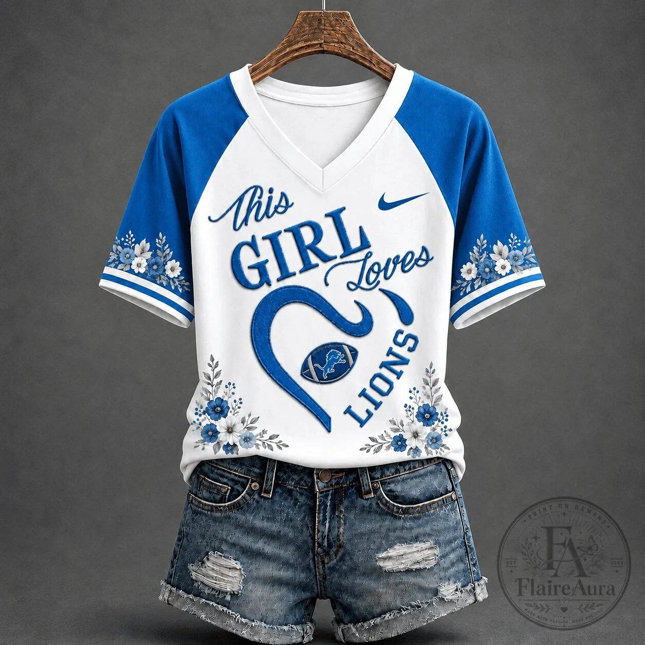 Detroit Lions This Girl Loves Football Floral V-Neck Short Sleeve T-Shirt