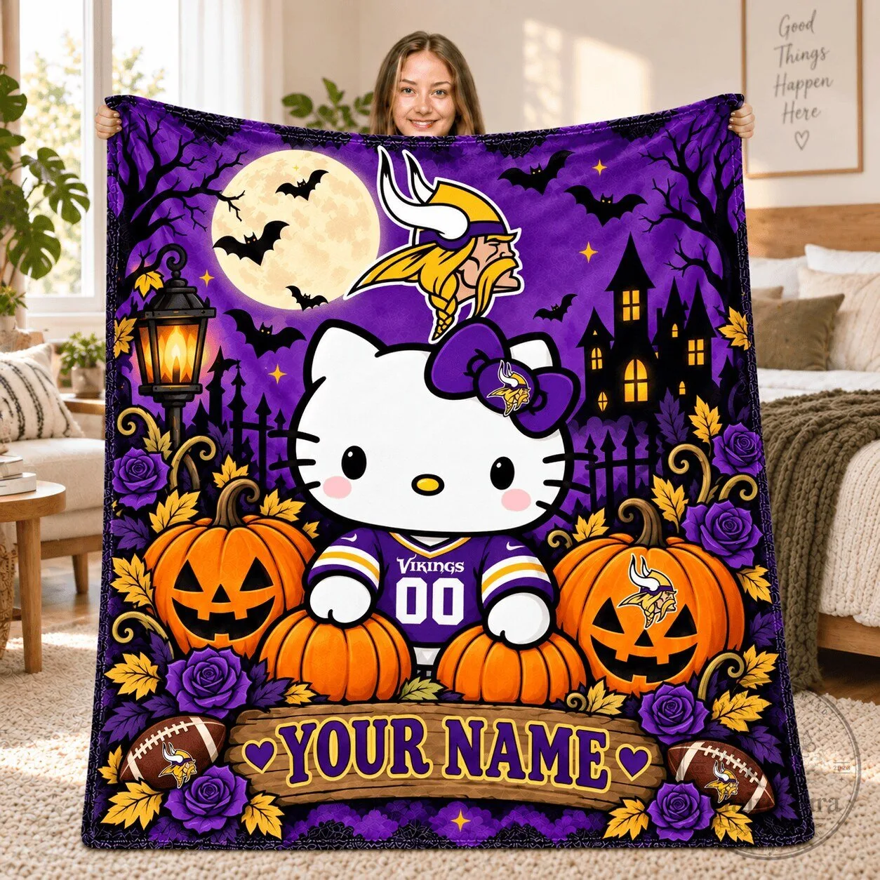 Hello Kitty Minnesota Vikings Halloween Moon Pumpkins Personalized Blanket
