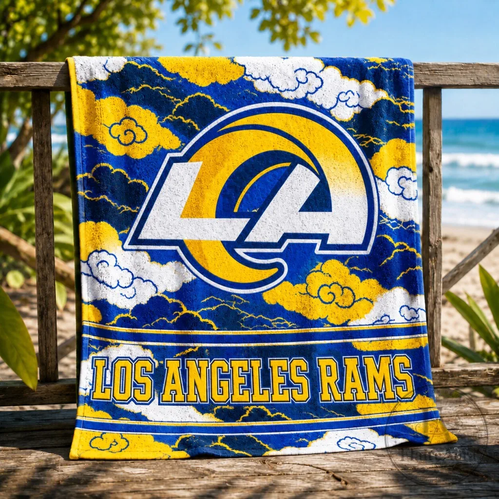 Los Angeles Rams Football Team Logo and Clouds Pattern Beach Towel Los Angeles Rams Football Team Logo and Clouds Pattern Beach Towel