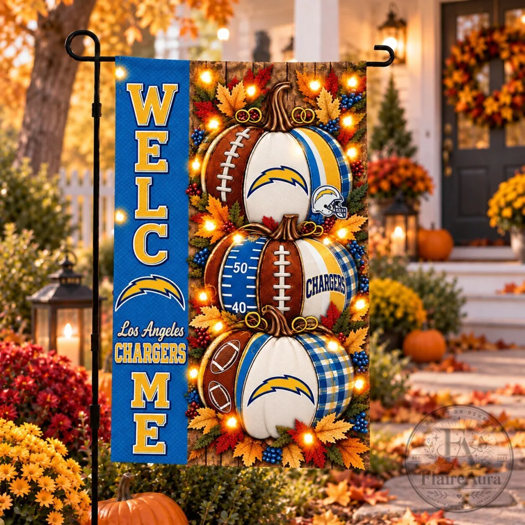 Los Angeles Chargers Halloween Welcome Pumpkins Football Garden Flag Los Angeles Chargers Halloween Welcome Pumpkins Football Garden Flag