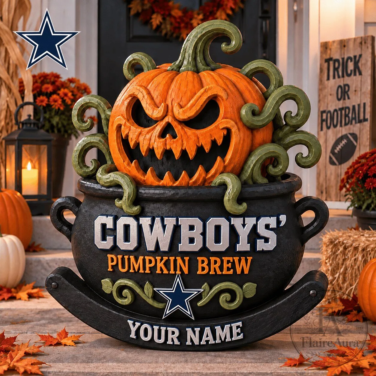 Dallas Cowboys Halloween Pumpkin Brew Personalized Wooden Block Decoration