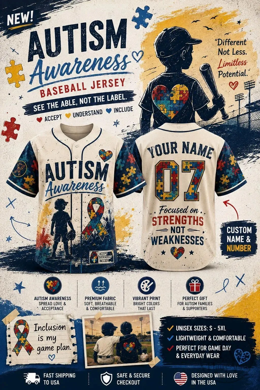Autism Awareness Baseball Jersey with Custom Name and Number