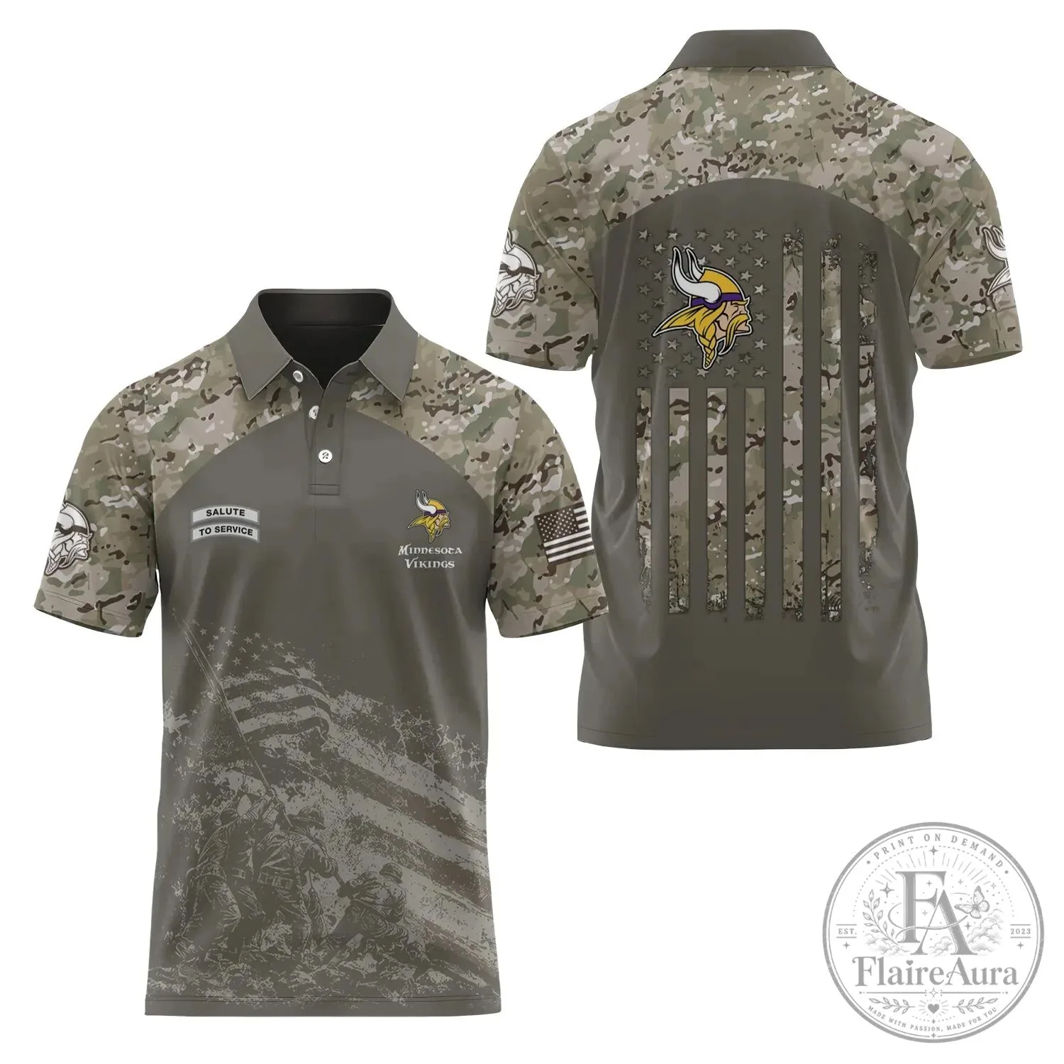 Minnesota Vikings Salute To Service Camouflage American Flag Polo Shirt