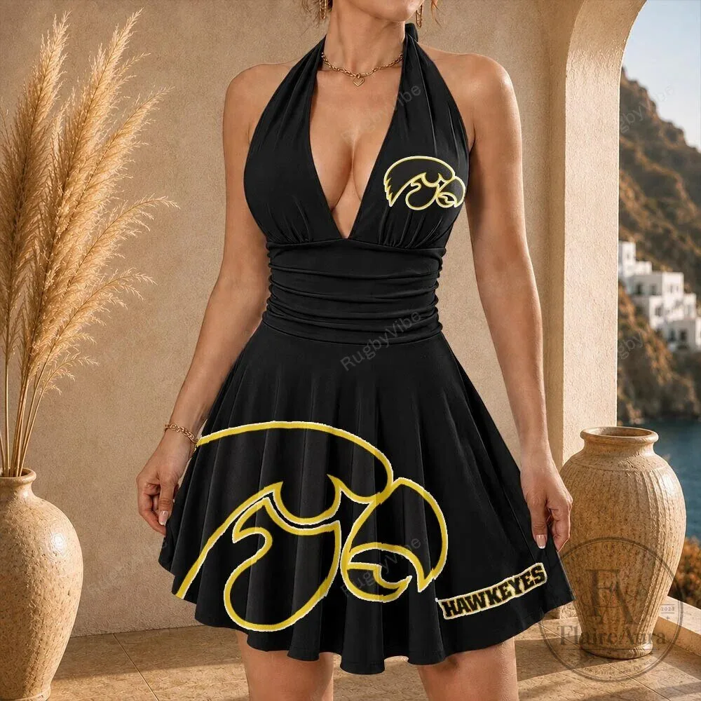 Iowa Hawkeyes NCAA College Sports Team Logo Black Halter Mini Dress