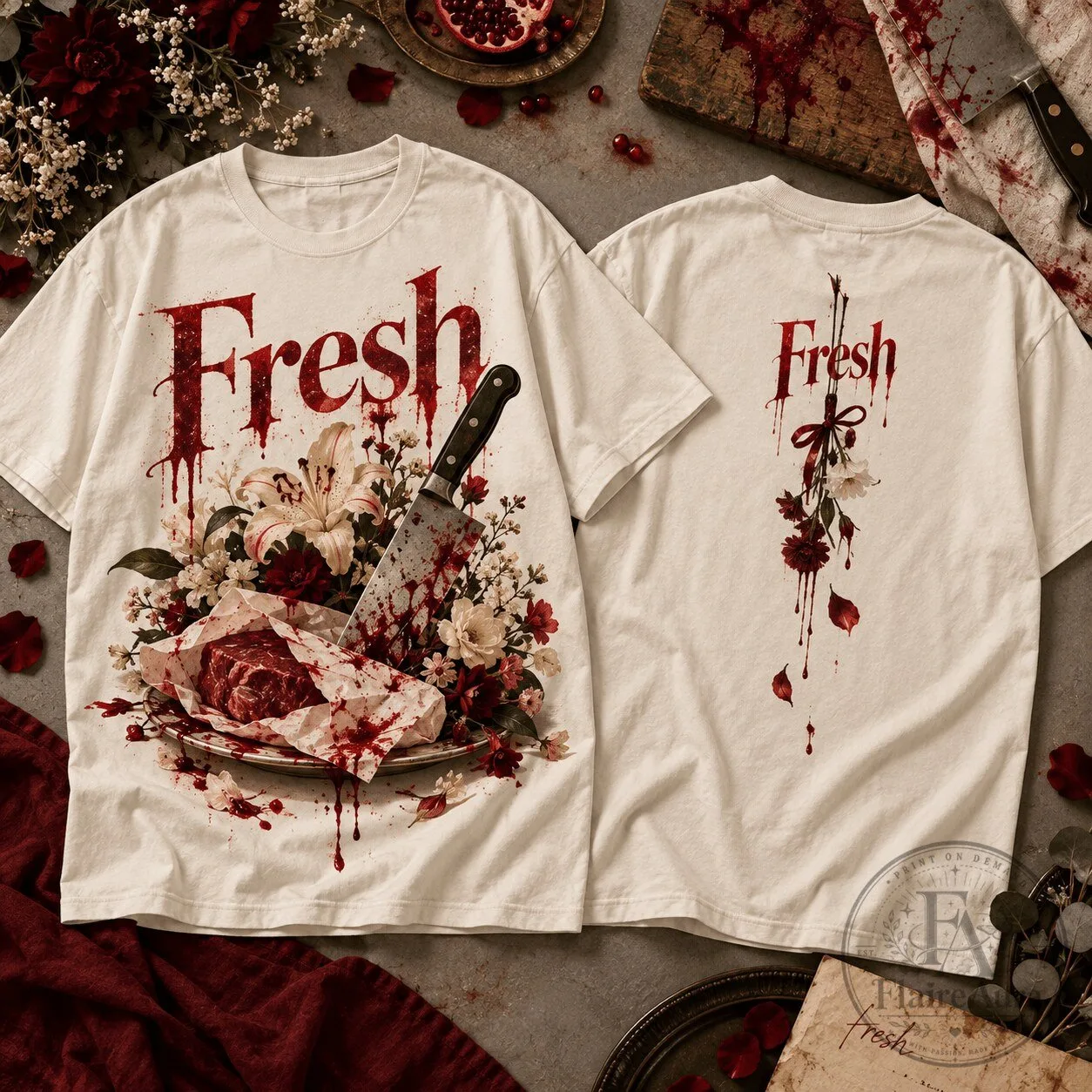 Fresh Gothic Floral Horror Bloody Meat Butcher Knife T-Shirt