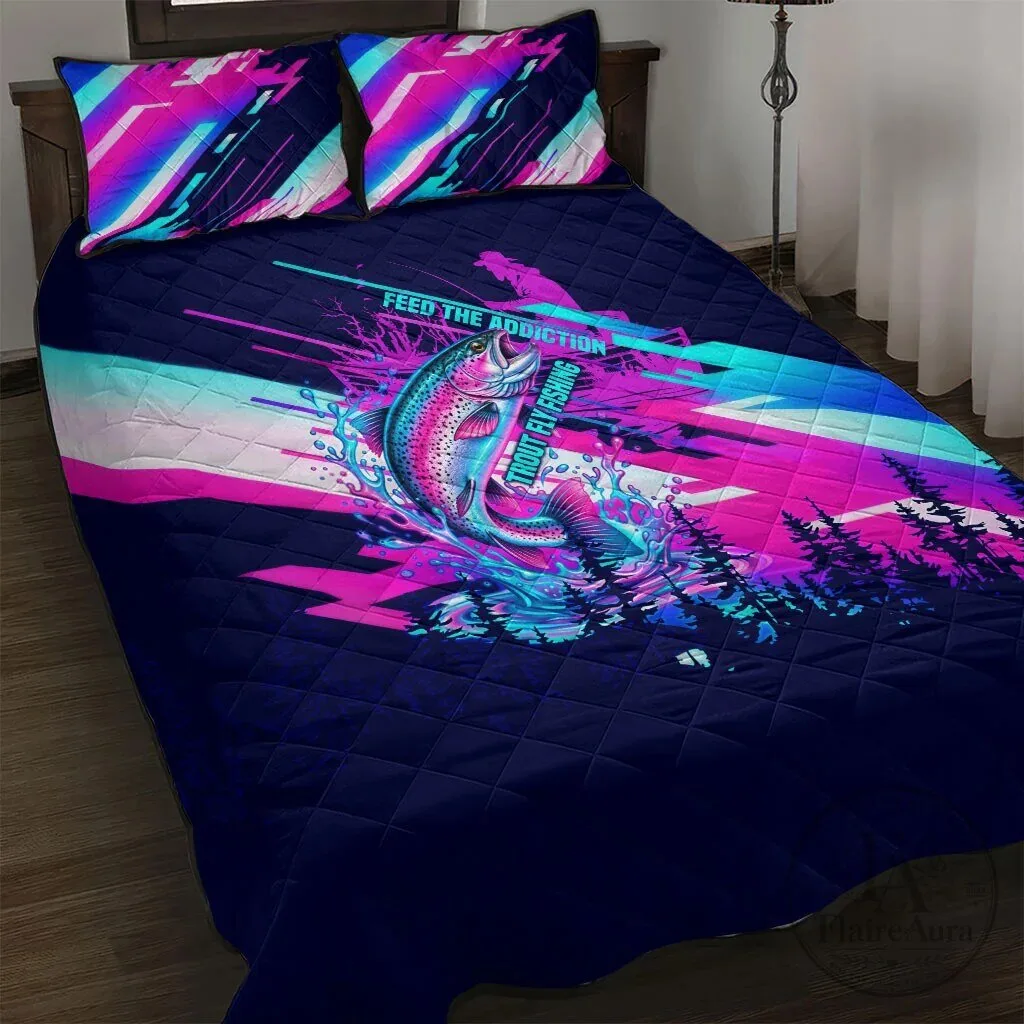 Trout Fly Fishing Born To Cast Quilt Bed Set Vibrant Neon Cyberpunk Rainbow Fisherman