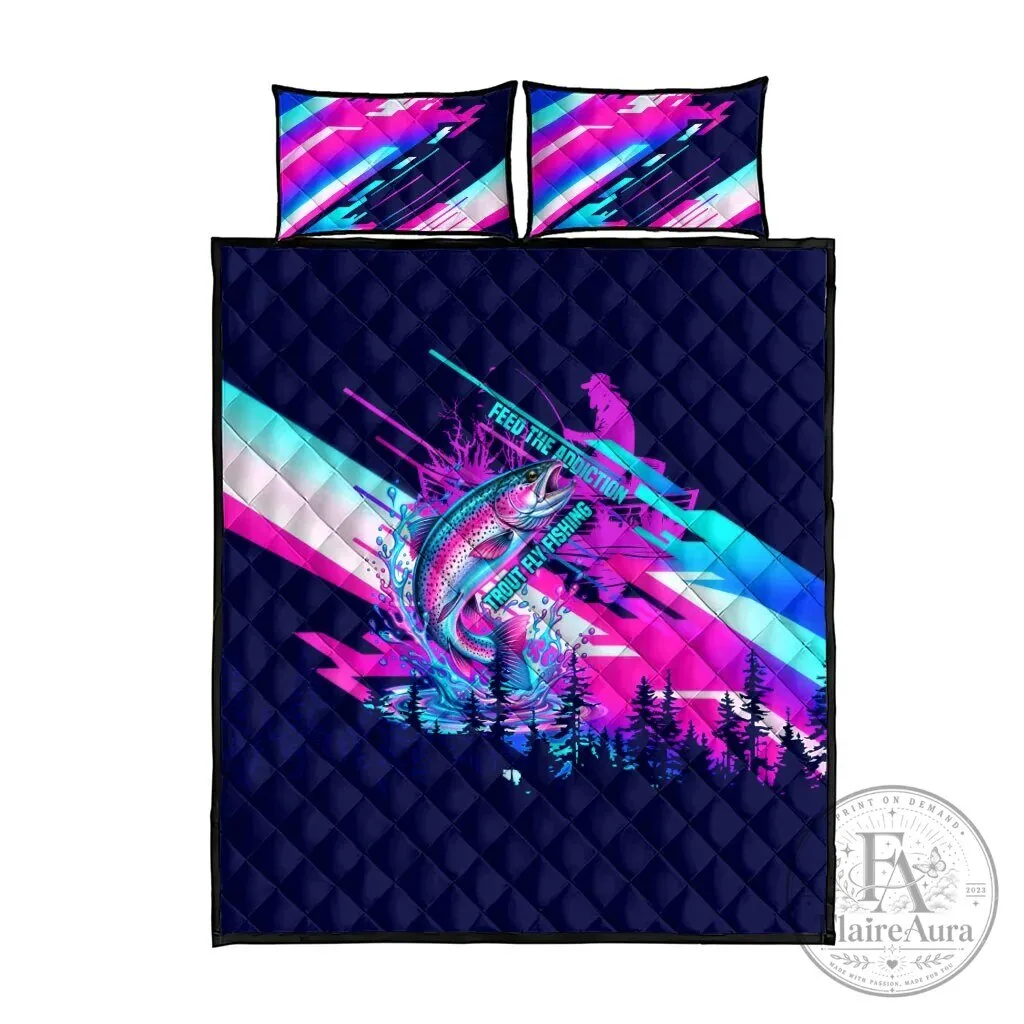 Trout Fly Fishing Born To Cast Quilt Bed Set Vibrant Neon Cyberpunk Rainbow Fisherman 6 Trout Fly Fishing Born To Cast Quilt Bed Set Vibrant Neon Cyberpunk Rainbow Fisherman