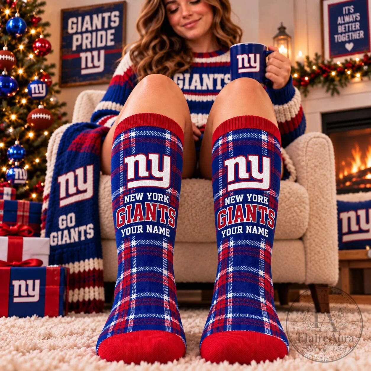 New York Giants NFL Plaid Custom Name Fan Socks
