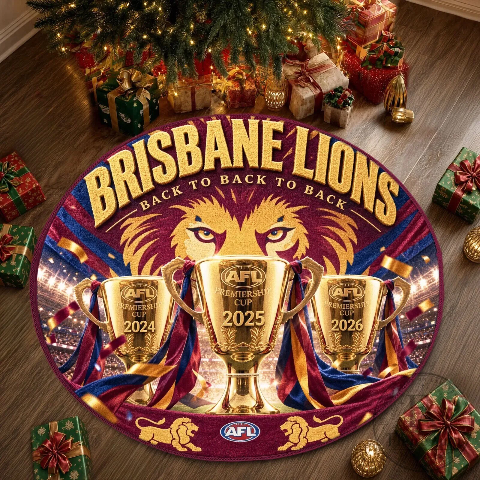 Brisbane Lions Back to Back to Back AFL Premiership Cup 2024 2025 2026 Round Rug