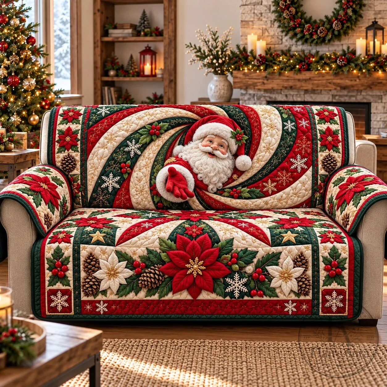 Christmas Poinsettia Swirl Santa Claus Quilted Sofa Cover
