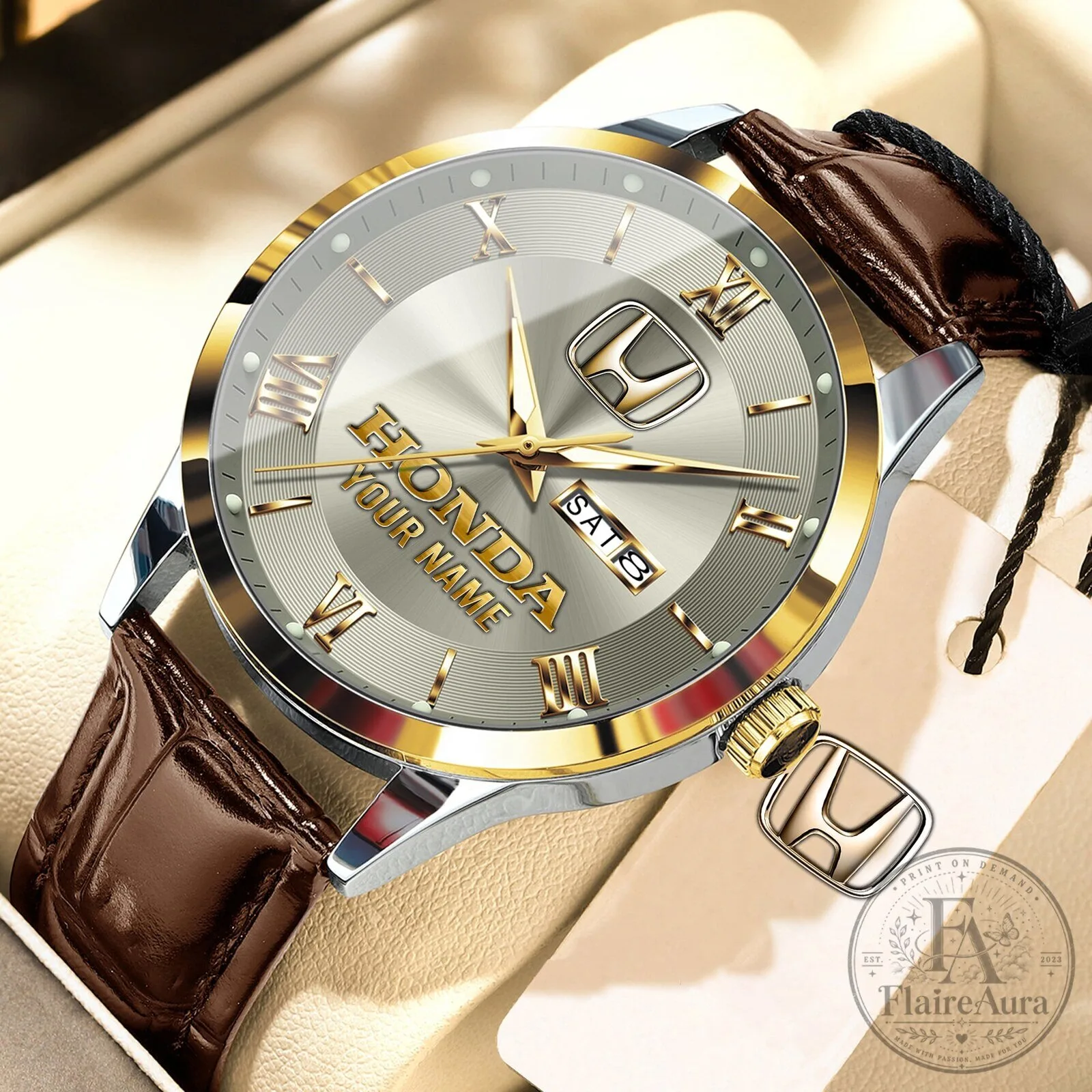Honda Gold and Silver Custom Name Elegant Leather Strap Men's Watch