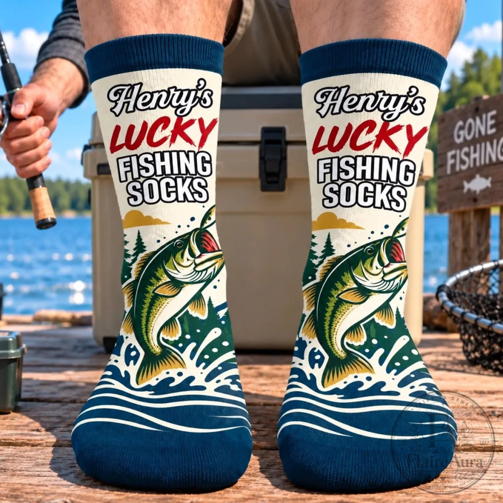 Personalized Lucky Fishing Socks for Men, Custom Bass Fish Angler Crew Socks